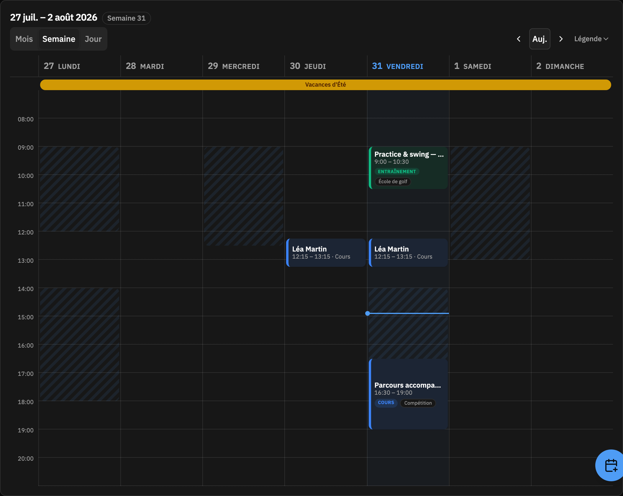 La semaine d'un coach dans Parform : cours colorés par type, disponibilités hachurées réservables et bande Vacances d'Été