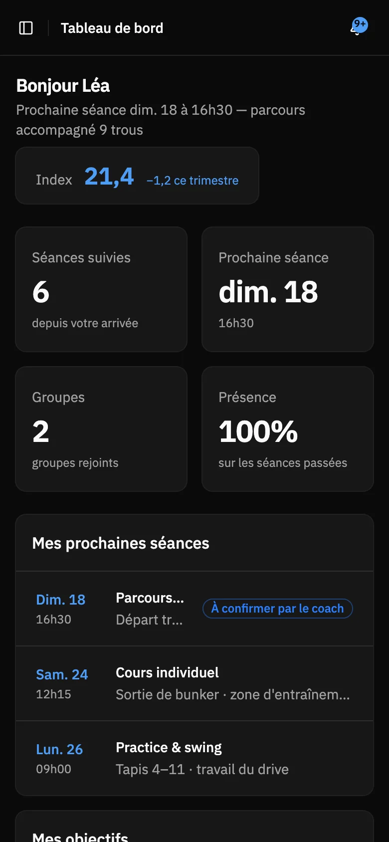 L’espace d’une joueuse : son index, ses séances suivies, sa prochaine séance, sa présence et ses séances à venir