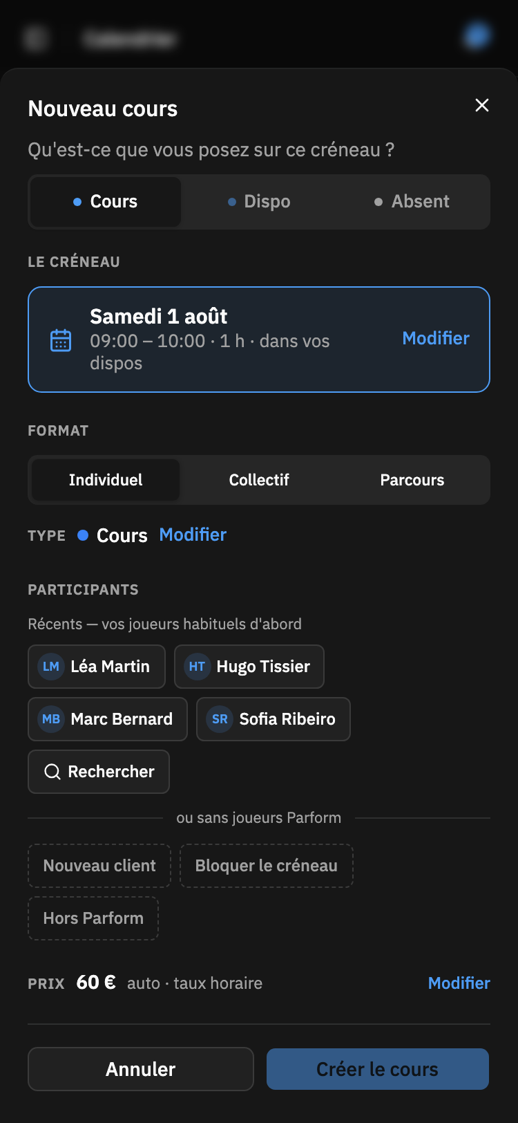 La feuille Nouveau cours : créneau affirmé, formats, joueurs récents et prix automatique