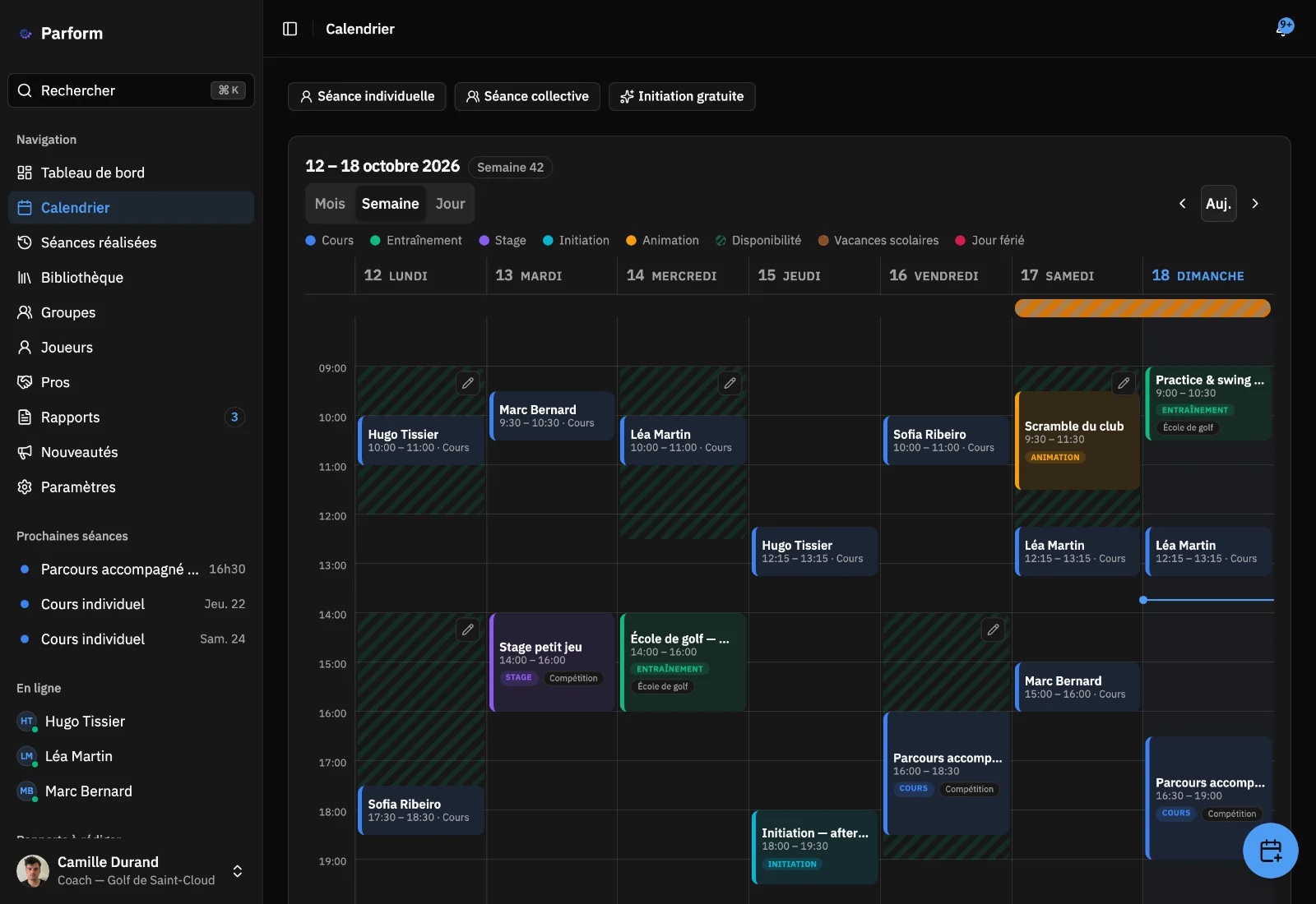Le calendrier de Parform : une semaine de séances, chacune à la couleur de son type — Cours, Entraînement, Stage, Initiation, Animation — sur fond de disponibilités